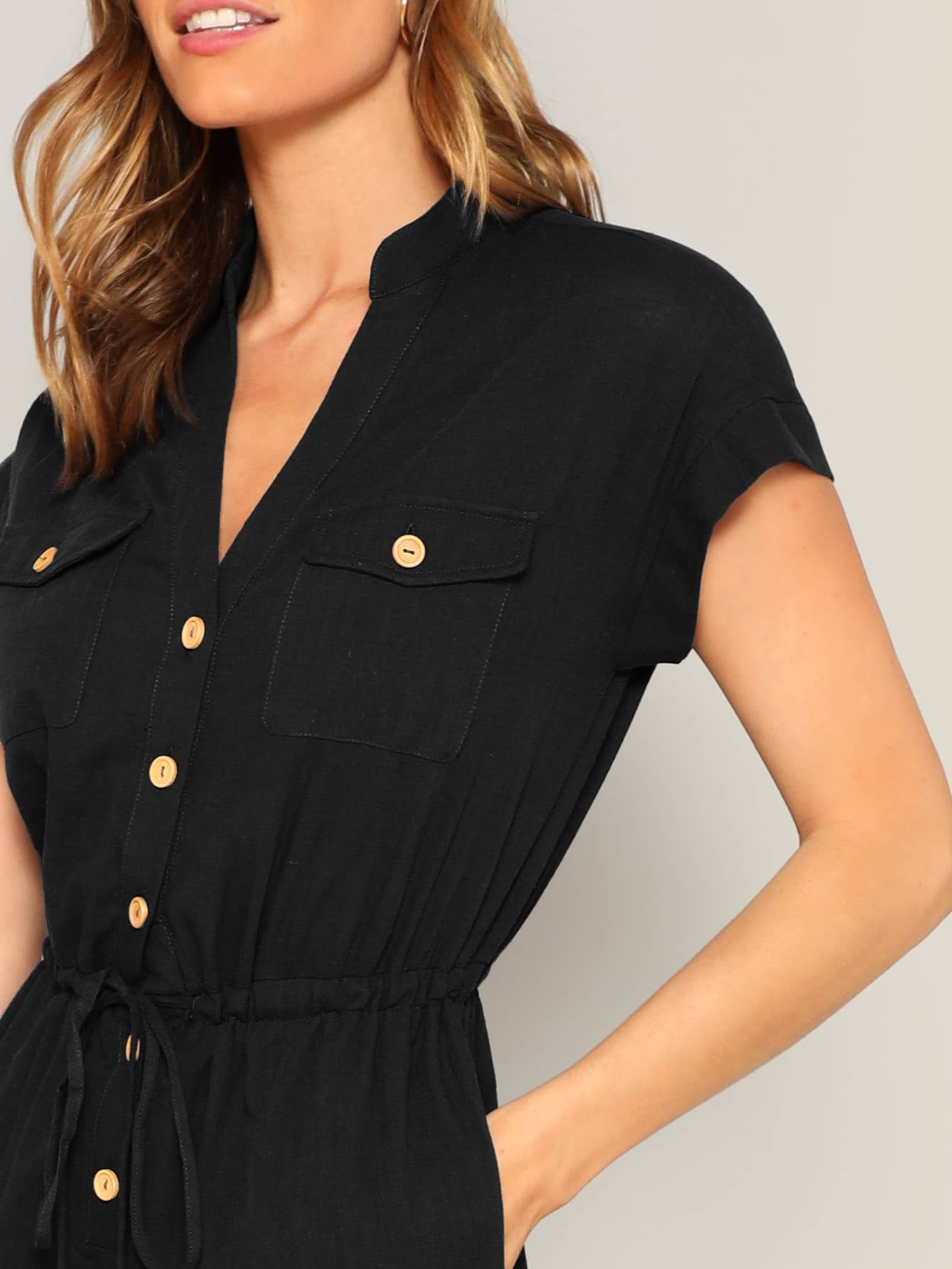 The Solid Summer Style Jumpsuit with Waist Drawstring Button & Pocket Front