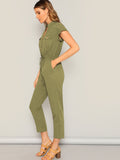 The Solid Summer Style Jumpsuit with Waist Drawstring Button & Pocket Front