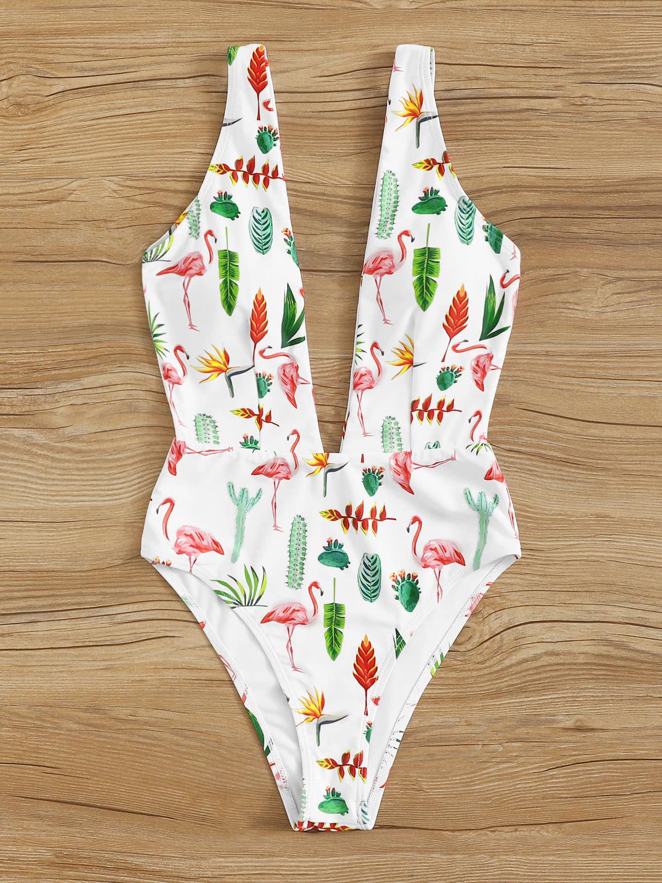 Tropical Plunge Neck One Piece Swimsuit