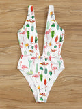 Tropical Plunge Neck One Piece Swimsuit