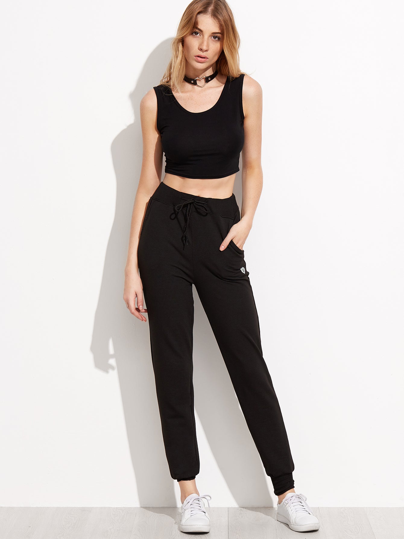 Black Heart Print Drawstring Waist Peg Pants
