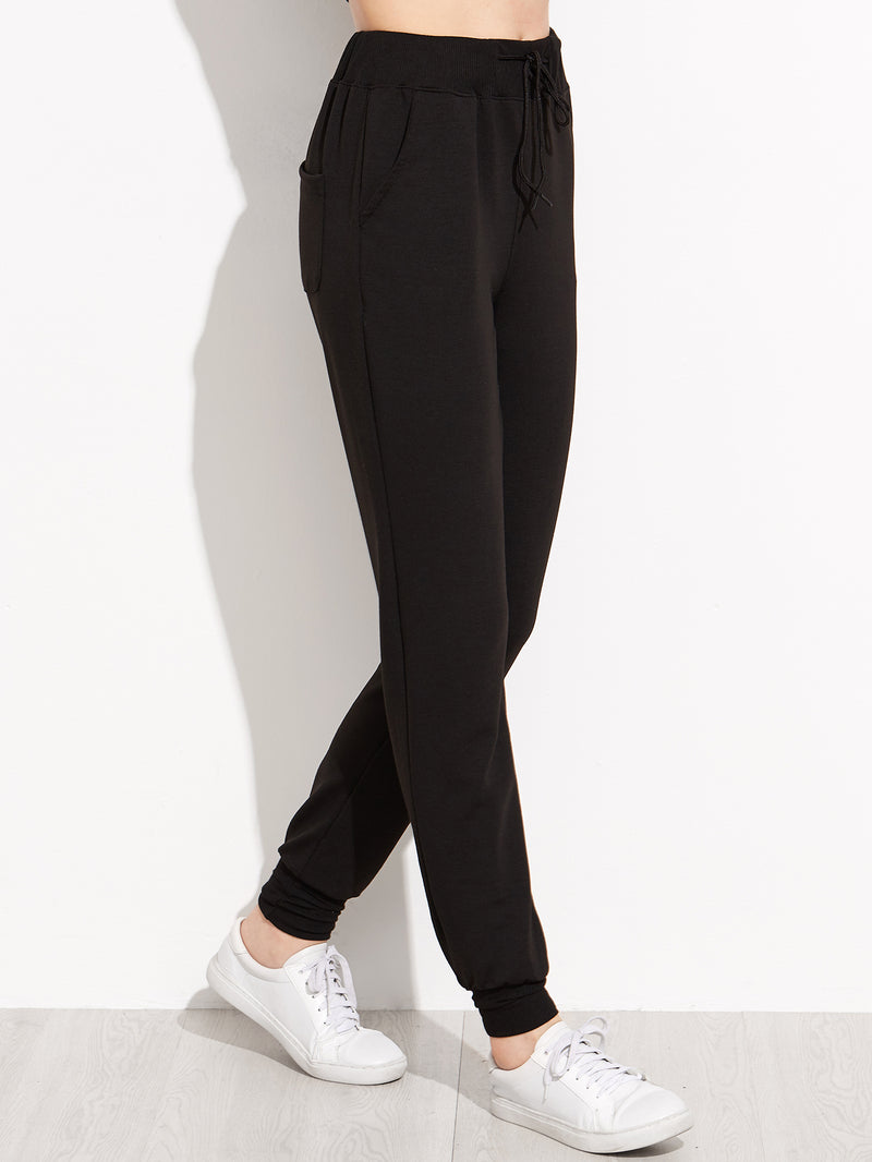 Black Heart Print Drawstring Waist Peg Pants