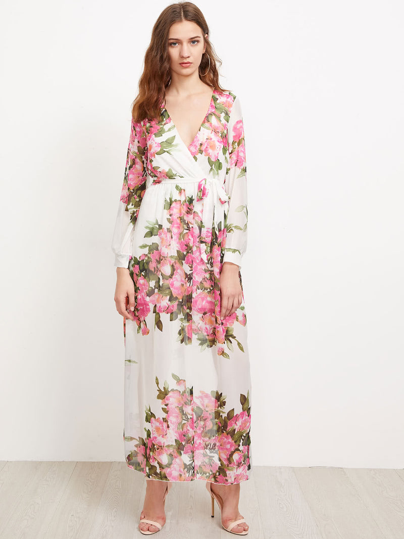 Surplice Neckline Florals Self Tie Chiffon Dress