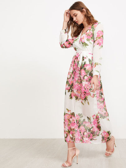 Surplice Neckline Florals Self Tie Chiffon Dress