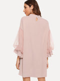 Pearl Beaded Sheer Mesh Panel Sleeve Dress