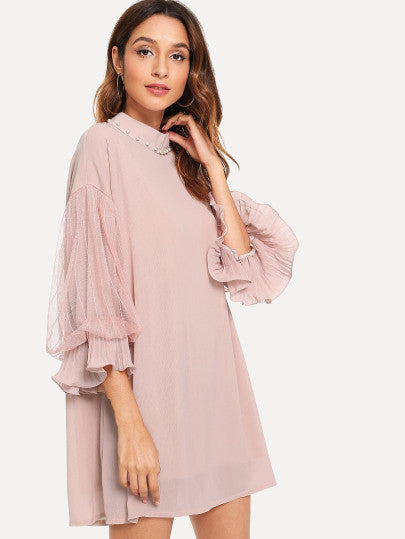 Pearl Beaded Sheer Mesh Panel Sleeve Dress