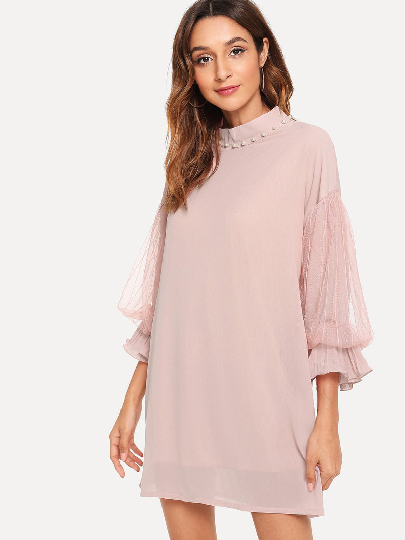 Pearl Beaded Sheer Mesh Panel Sleeve Dress