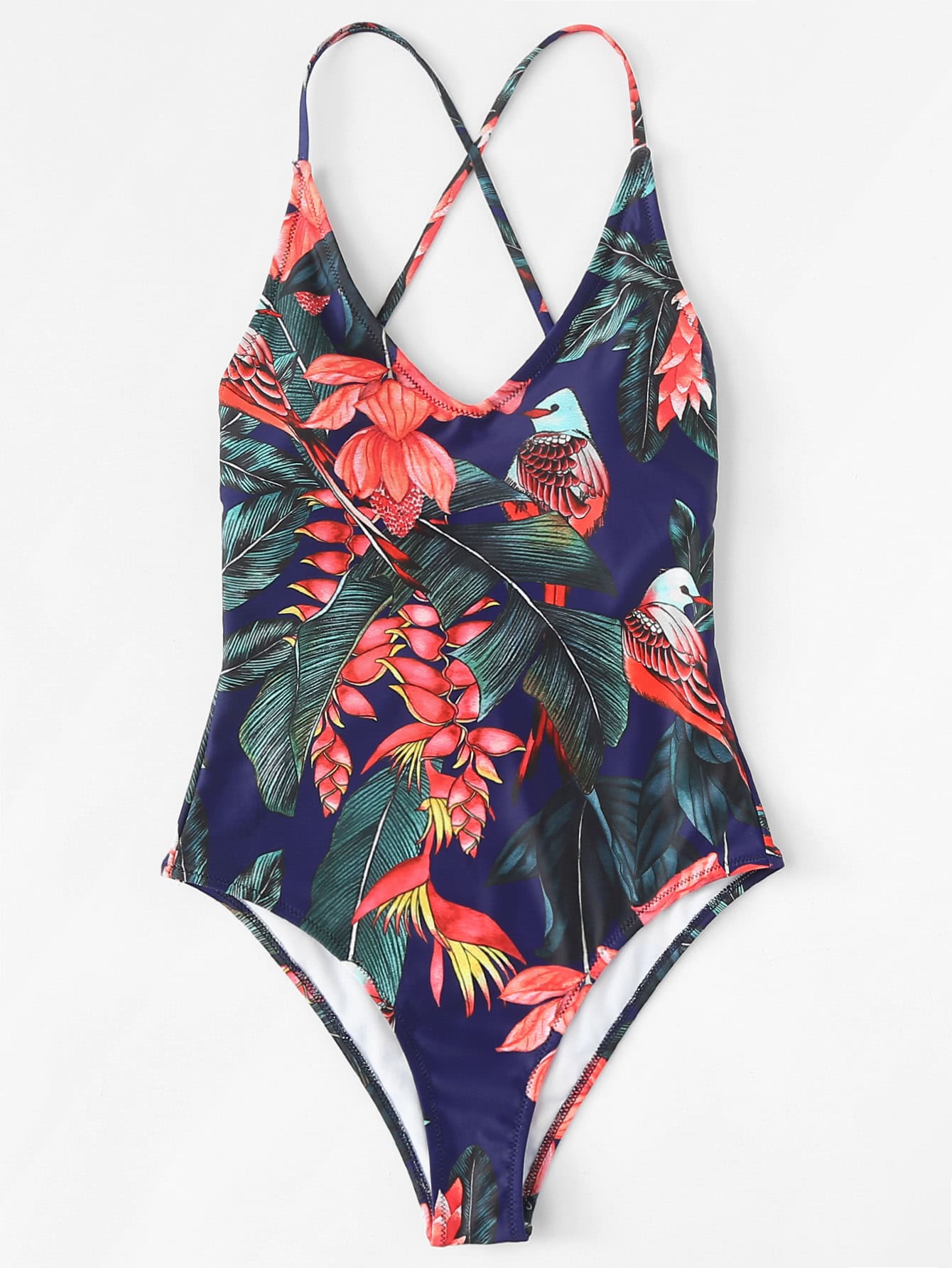 Tropical Print Criss Cross Back One Piece Swimwear