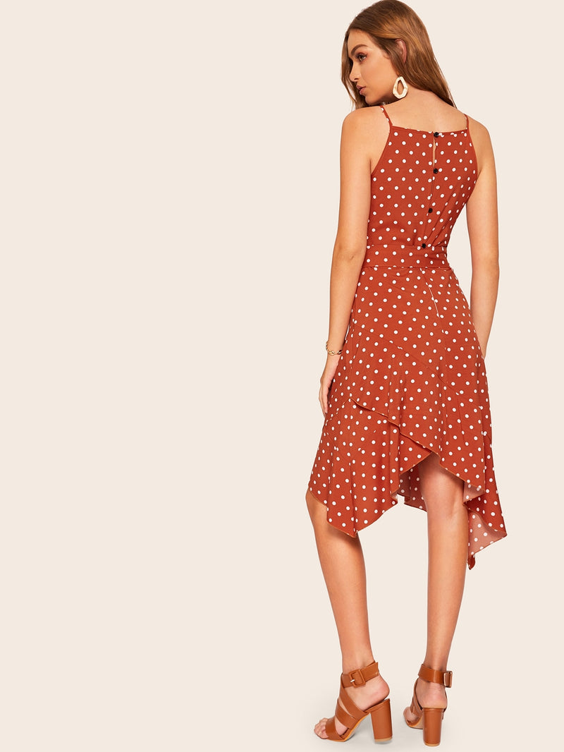 Tulip Hem Polka Dot Belted Cami Dress
