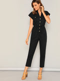 The Solid Summer Style Jumpsuit with Waist Drawstring Button & Pocket Front