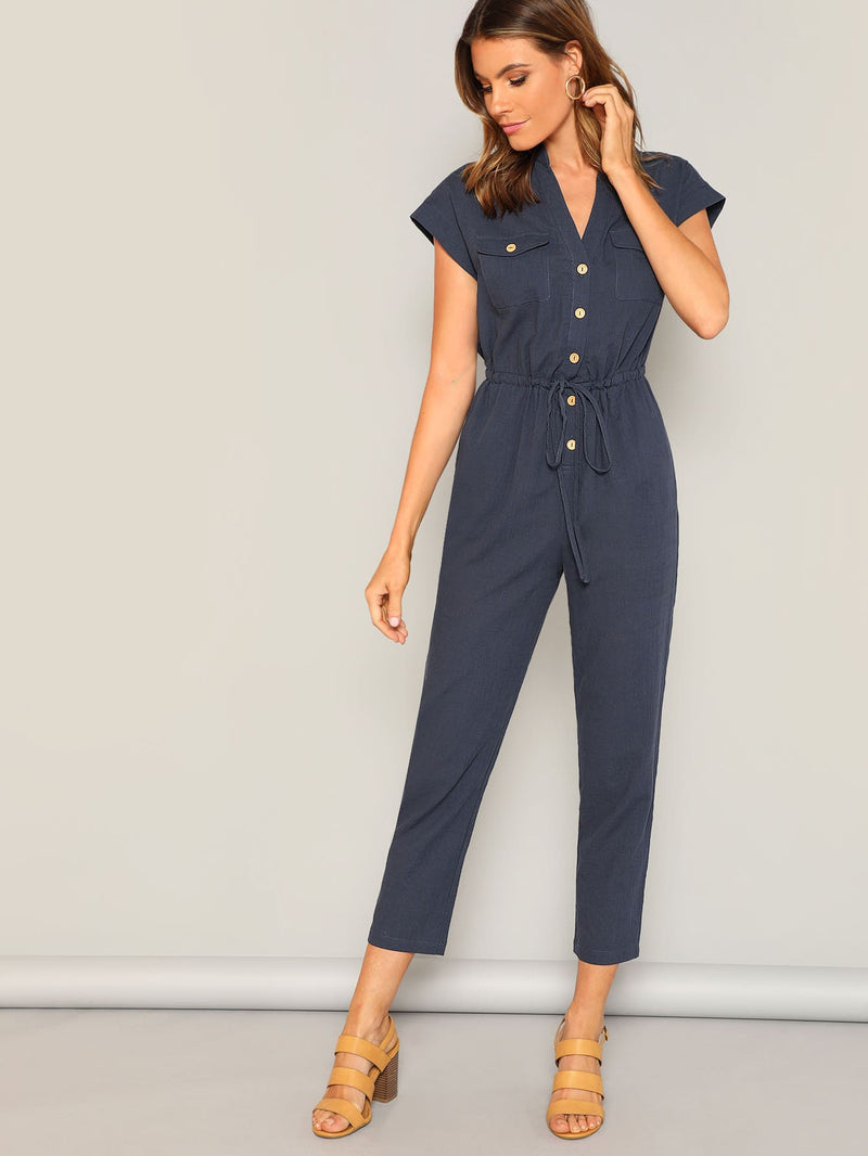 The Solid Summer Style Jumpsuit with Waist Drawstring Button & Pocket Front