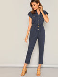 The Solid Summer Style Jumpsuit with Waist Drawstring Button & Pocket Front