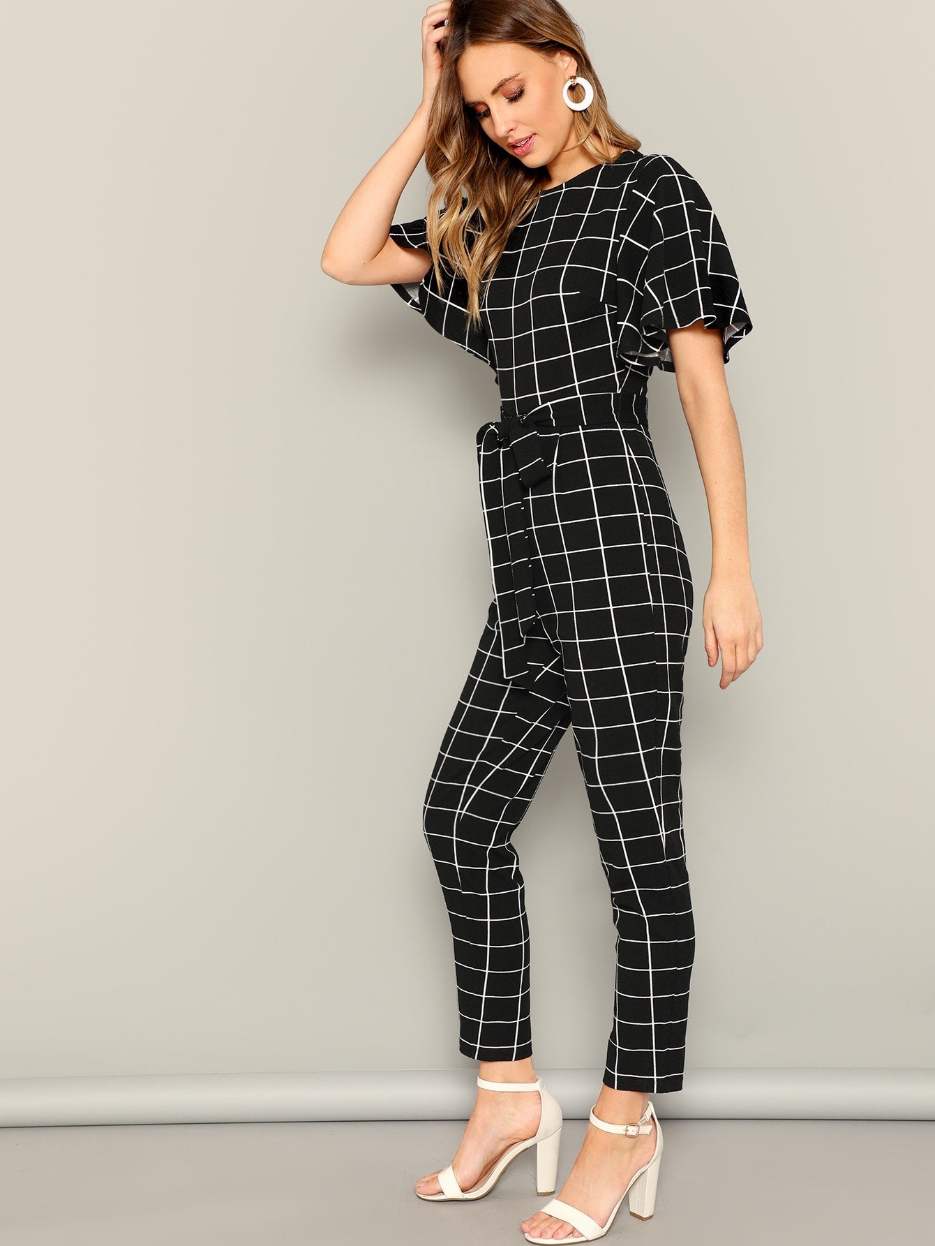 Full Set Flutter Sleeve Belted Grid Jumpsuit With White and Black Mixed