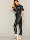 Full Set Flutter Sleeve Belted Grid Jumpsuit With White and Black Mixed