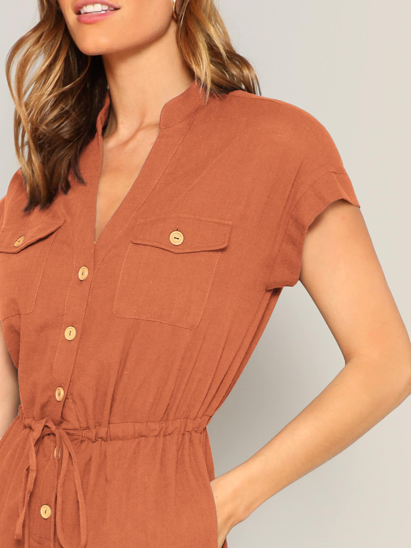 The Solid Summer Style Jumpsuit with Waist Drawstring Button & Pocket Front