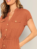 The Solid Summer Style Jumpsuit with Waist Drawstring Button & Pocket Front