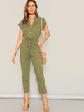 The Solid Summer Style Jumpsuit with Waist Drawstring Button & Pocket Front