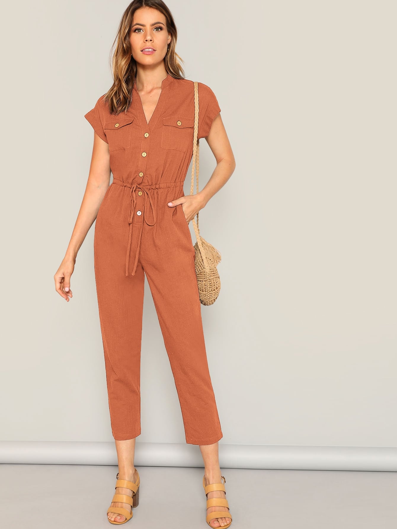 The Solid Summer Style Jumpsuit with Waist Drawstring Button & Pocket Front