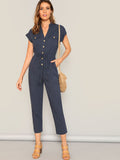 The Solid Summer Style Jumpsuit with Waist Drawstring Button & Pocket Front