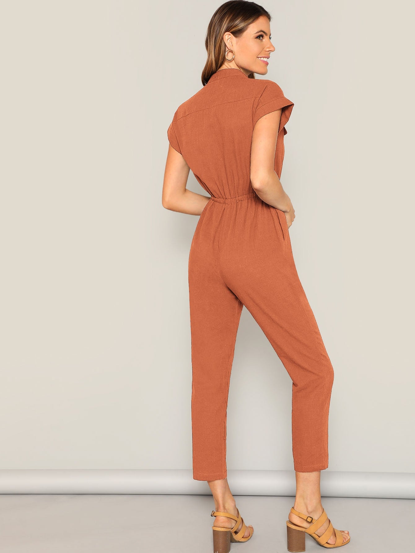 The Solid Summer Style Jumpsuit with Waist Drawstring Button & Pocket Front