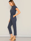 The Solid Summer Style Jumpsuit with Waist Drawstring Button & Pocket Front