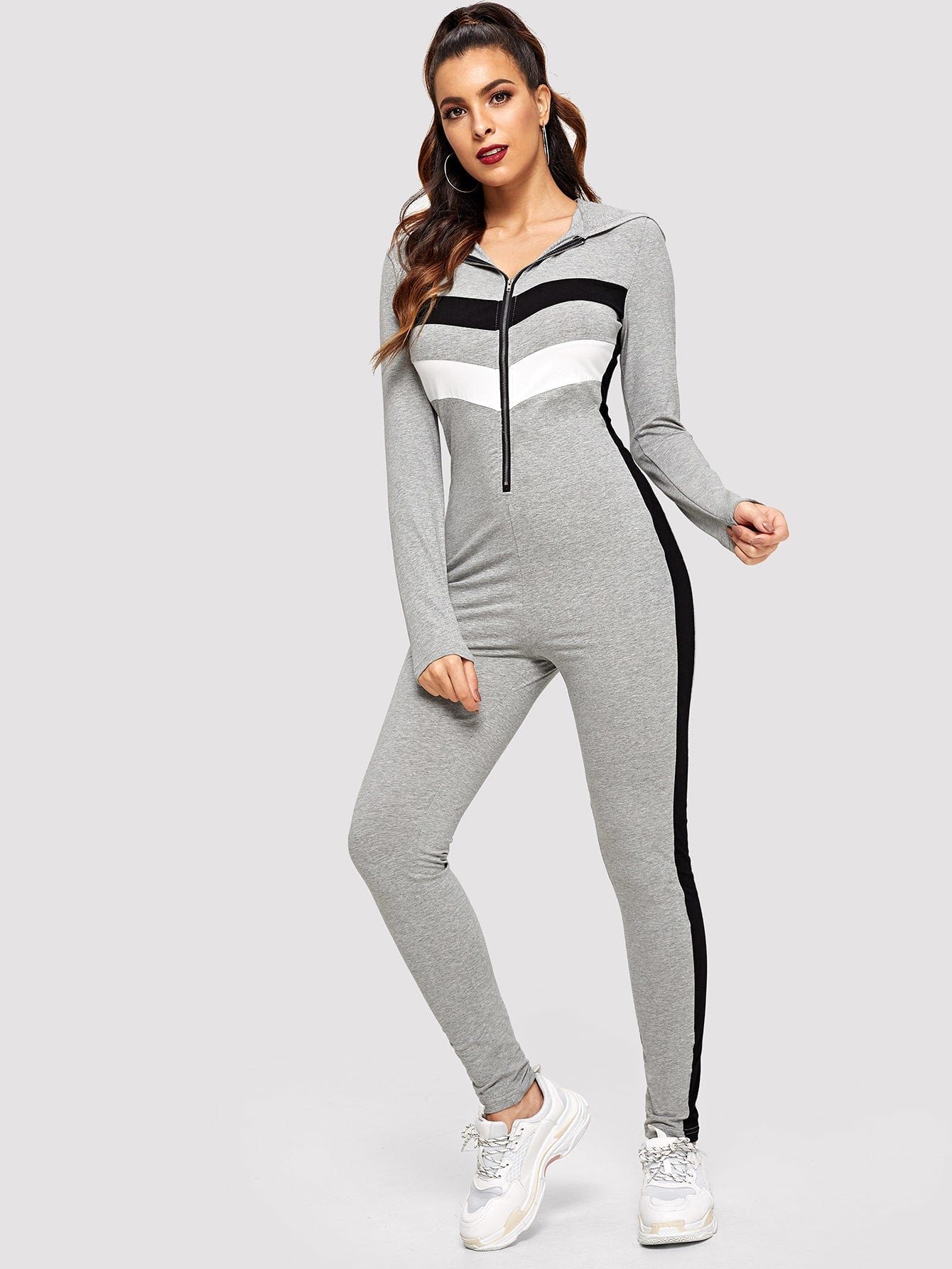 Cut and Sew Zip Front Form Fitting Jumpsuit