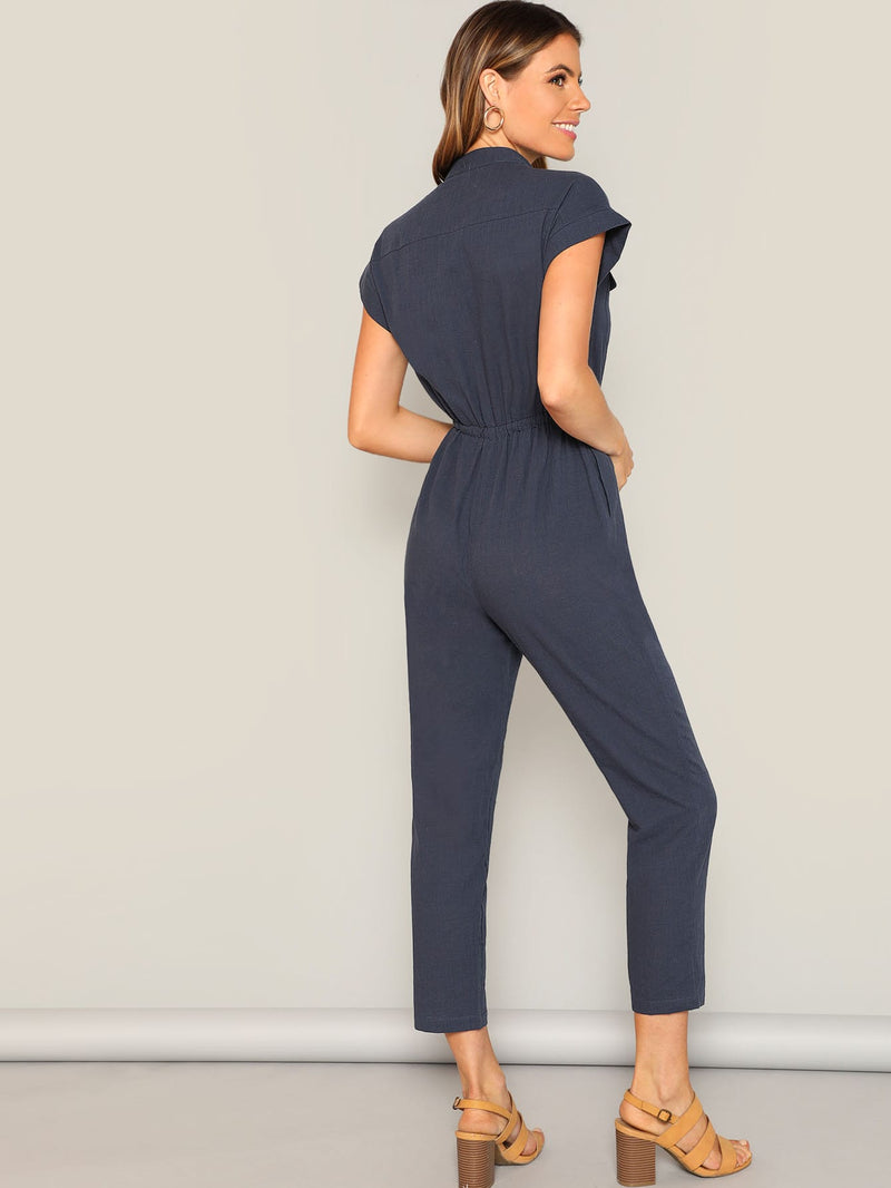 The Solid Summer Style Jumpsuit with Waist Drawstring Button & Pocket Front