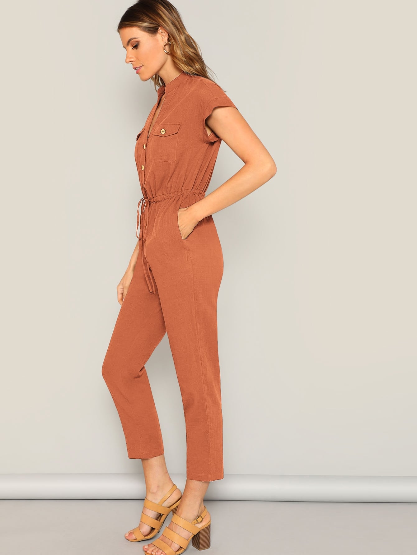 The Solid Summer Style Jumpsuit with Waist Drawstring Button & Pocket Front