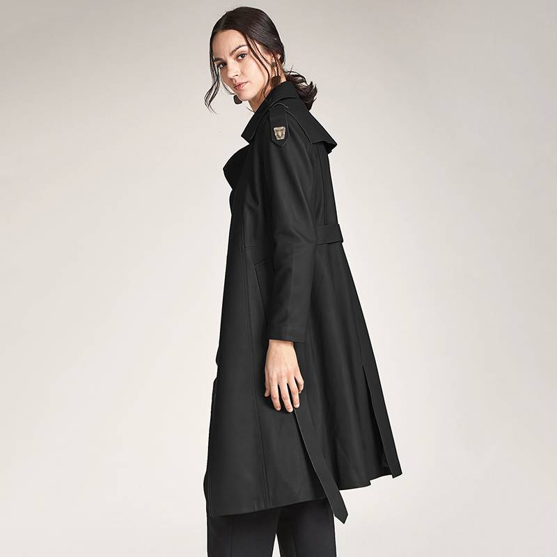 Long Length Turn Down Collar Premium Leather Trench Coat For Women With Belt