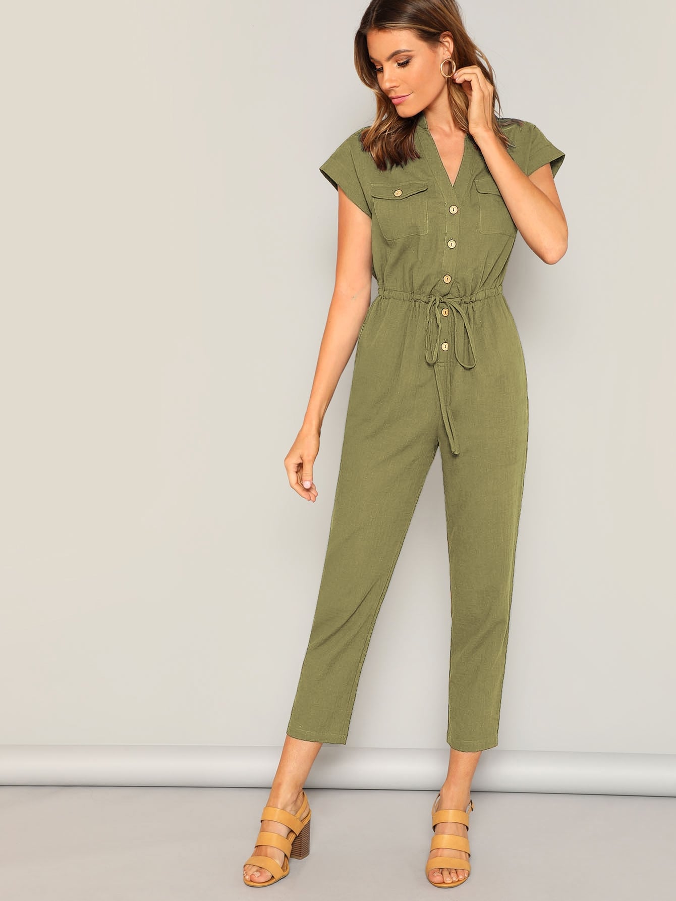 The Solid Summer Style Jumpsuit with Waist Drawstring Button & Pocket Front