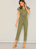 The Solid Summer Style Jumpsuit with Waist Drawstring Button & Pocket Front