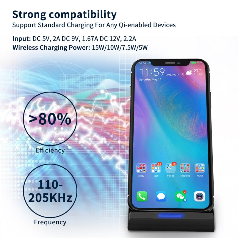 Fast Charging  Wireless Standing Charger For iPhone X, XS,8, and Samsung S6, S7, S8, S9, S10