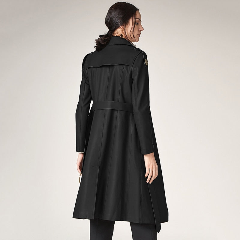 Long Length Turn Down Collar Premium Leather Trench Coat For Women With Belt