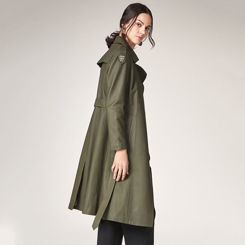 Long Length Turn Down Collar Premium Leather Trench Coat For Women With Belt