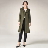 Long Length Turn Down Collar Premium Leather Trench Coat For Women With Belt