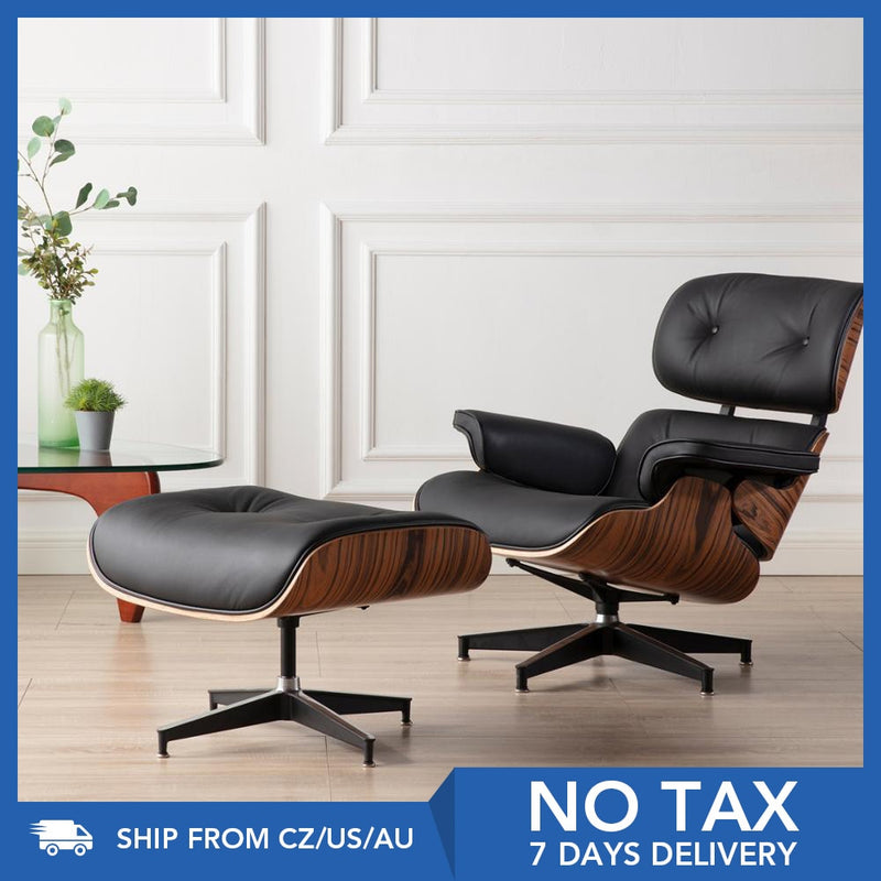 Furgle Black Leather Armchair Replica Lounge Chair with Ottoman Palisander/Sandal Chaise Classic Real Leather Lounge Chair|Chaise Lounge