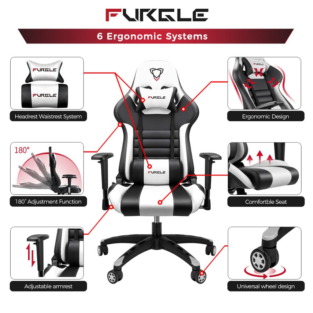 Furgle Body Huging Design Office Seat Gaming Chair White WCG Gaming Chair Engineering Nylon base Computer Chair with PU Leather|Office Chairs