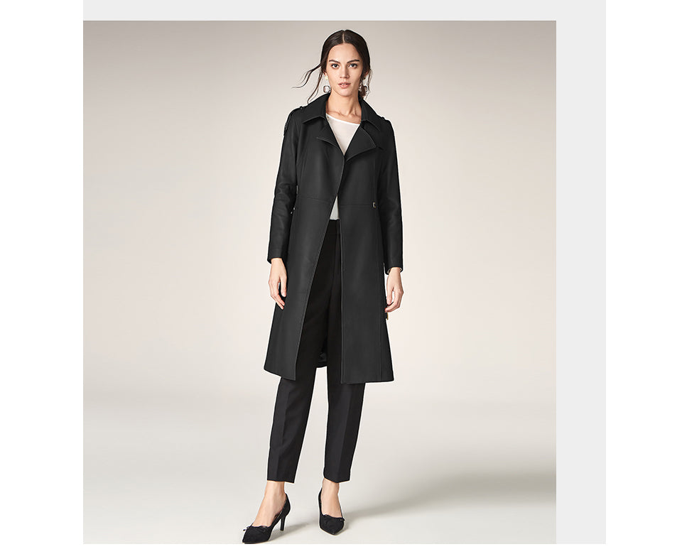 Long Length Turn Down Collar Premium Leather Trench Coat For Women With Belt