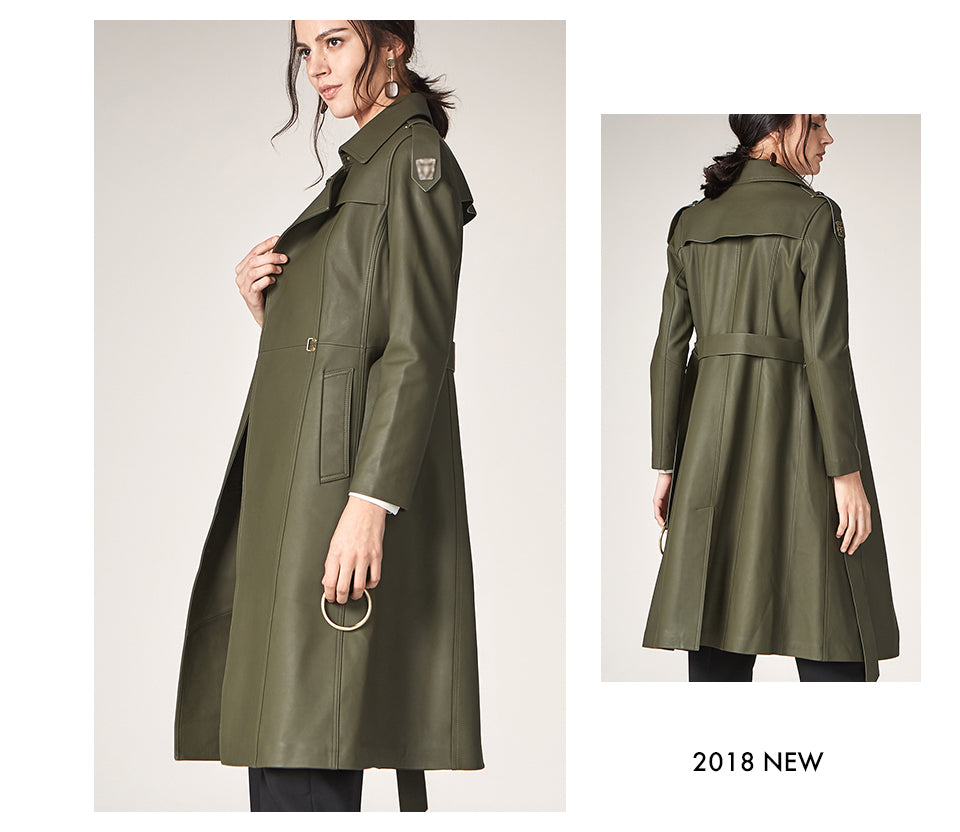 Long Length Turn Down Collar Premium Leather Trench Coat For Women With Belt