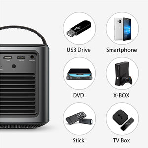 Portable Home Theater with 150'' HD Picture, 300 ANSI Lumens, 2-10W Speakers, 3-Hr Playtime, 1-Sec Autofocus, HDMI and USB Inputs, for Music and Movies, Jet Black