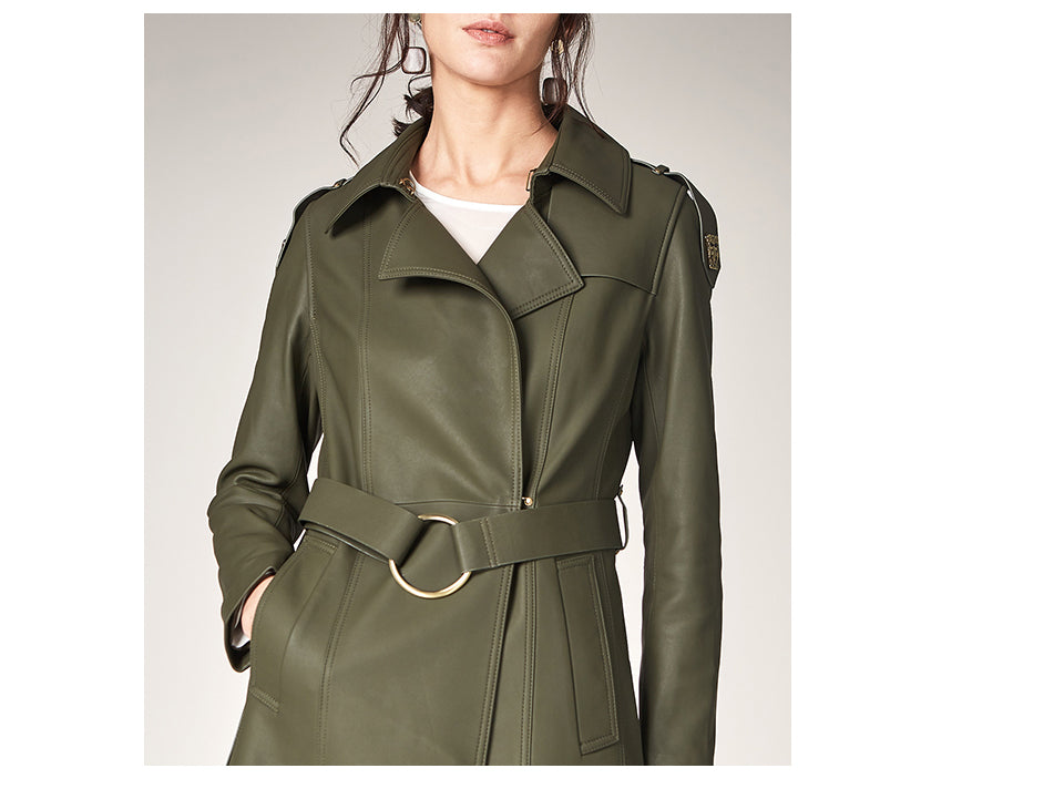 Long Length Turn Down Collar Premium Leather Trench Coat For Women With Belt