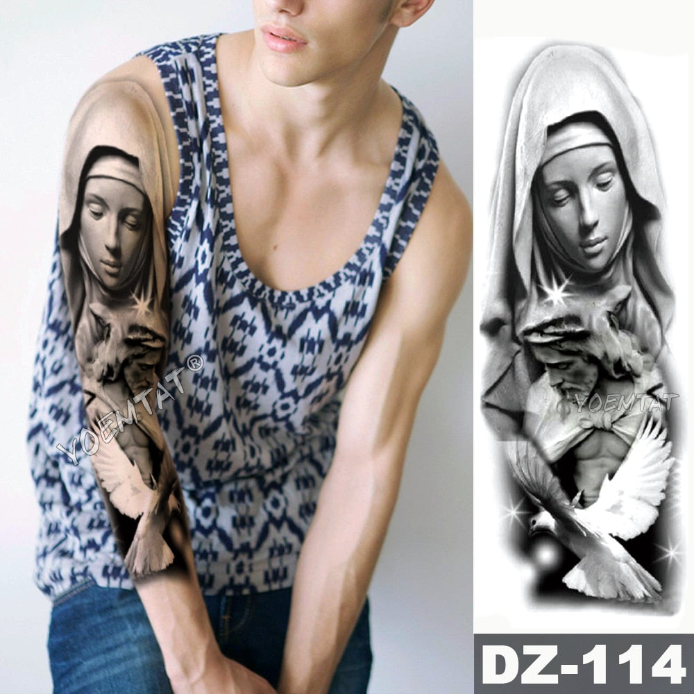 Large Arm Sleeve Tattoo Angel Wings Pigeon Jesus Waterproof Temporary Tattoo Sticker Holy Holiness Men Full Skull Totem Tattoo