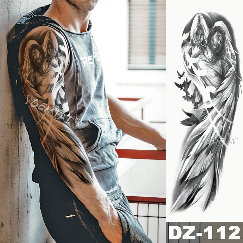 Large Arm Sleeve Tattoo Angel Wings Pigeon Jesus Waterproof Temporary Tattoo Sticker Holy Holiness Men Full Skull Totem Tattoo
