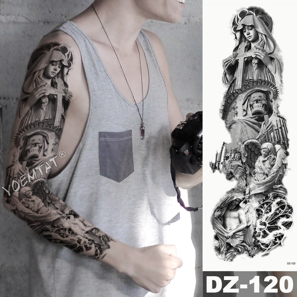 Large Arm Sleeve Tattoo Angel Wings Pigeon Jesus Waterproof Temporary Tattoo Sticker Holy Holiness Men Full Skull Totem Tattoo