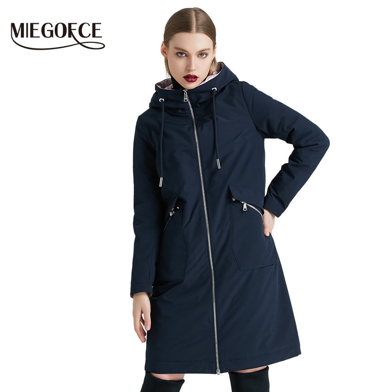 MIEOGOFCE 2019 Spring and Autumn Long Women's Windbreaker Warm Women's Cotton Jacket With Stand Collar New Design