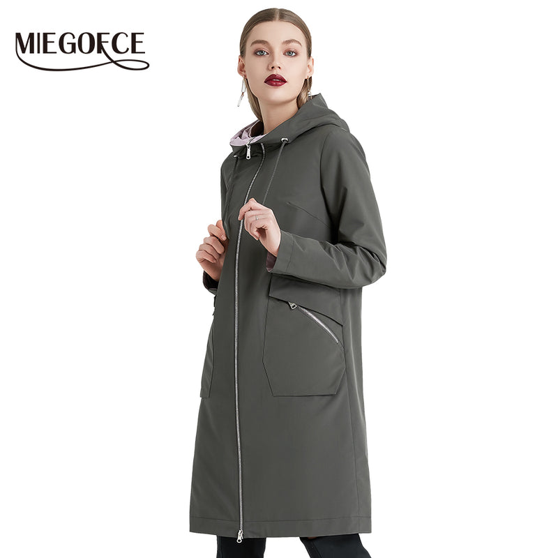 MIEOGOFCE 2019 Spring and Autumn Long Women's Windbreaker Warm Women's Cotton Jacket With Stand Collar New Design