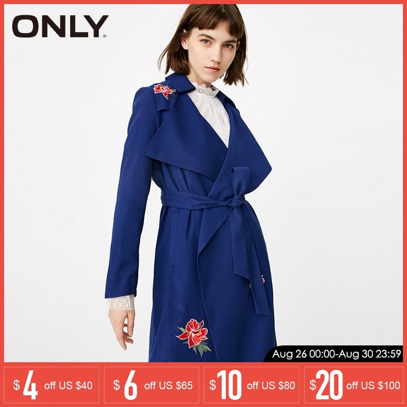 ONLY embroidery Belted slibm Fit long windbreaker Trench  coat Jacket| 118336512
