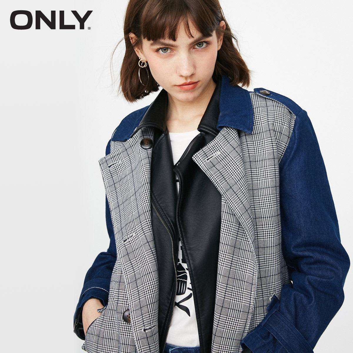 Plain Denim Double Breasted Stitching Windbreaker Jacket