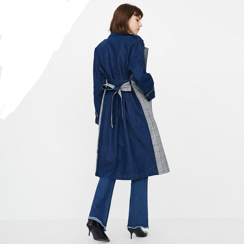 Plain Denim Double Breasted Stitching Windbreaker Jacket
