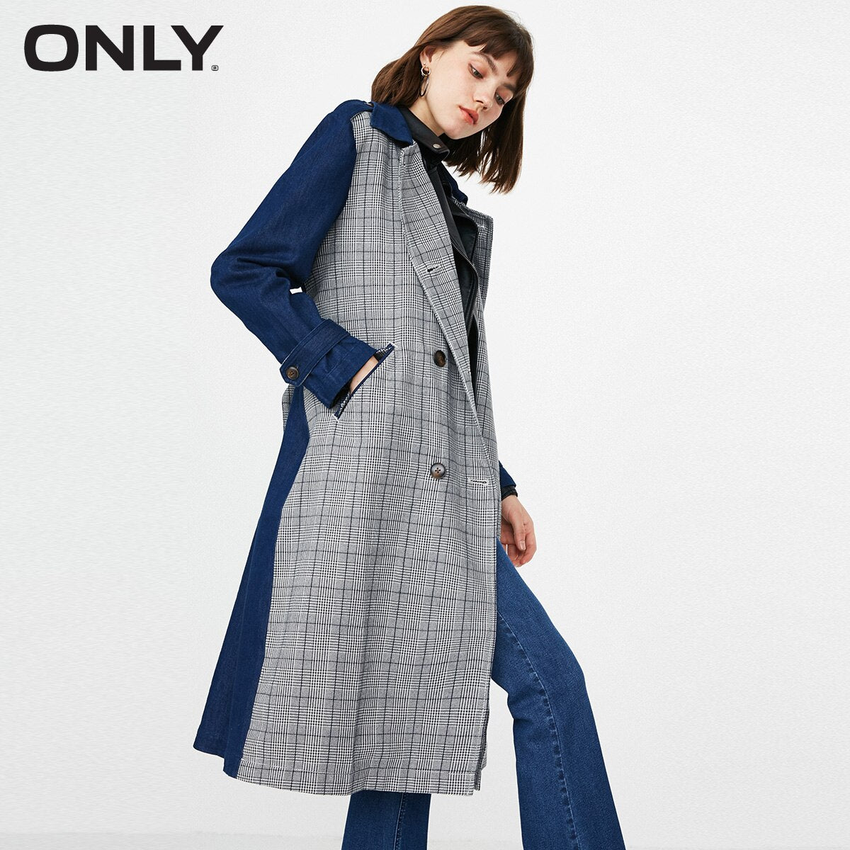 Plain Denim Double Breasted Stitching Windbreaker Jacket